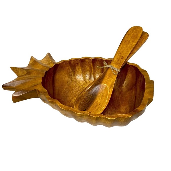 MonkeyPod Wooden Pineapple Dish with Wooden Spoons. Set of Three - Picture 4 of 11